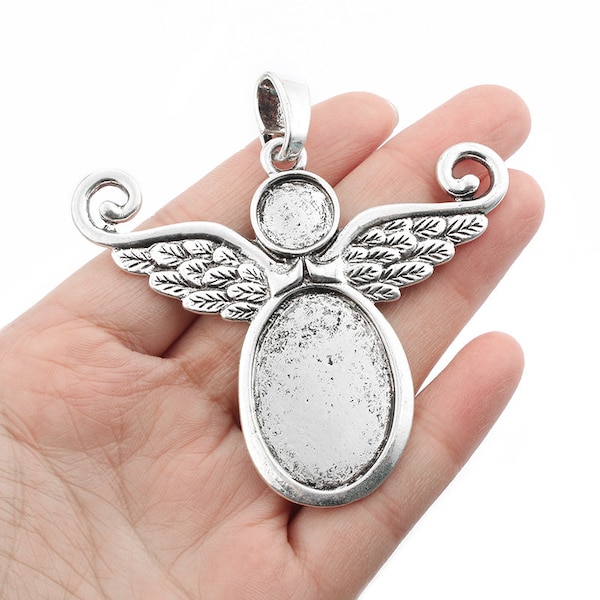 2pcs Antique Silver Angel Wing Pendant Blanks Settings Cabochons Bases Bezel Trays Jewelry Findings 71x60mm