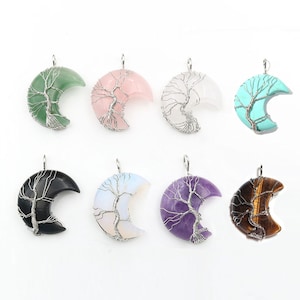1pcs natural stone Wire Wrapped handmade tree life crescent moon shape pendant 45x32mm