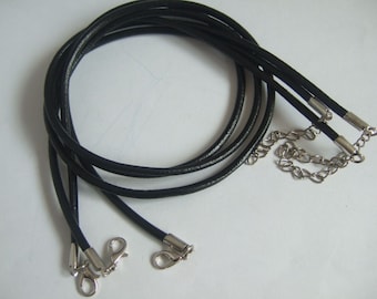 10pcs 3mm Round Black Real Leather Necklace Cord With Copper End Crimp Caps 18"