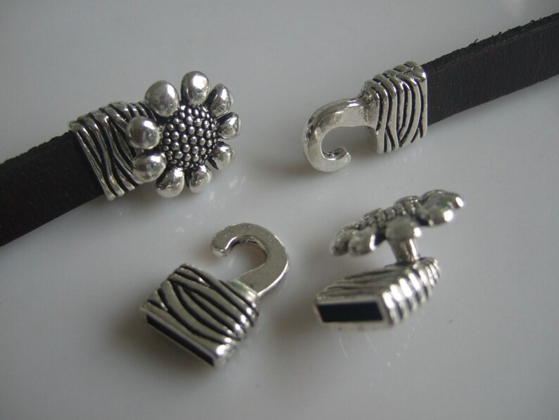 3 Sets Antique Silver Sunflower Hook / Focal Clasp for use with 5mm-10mm Flat Leather Cord image 4