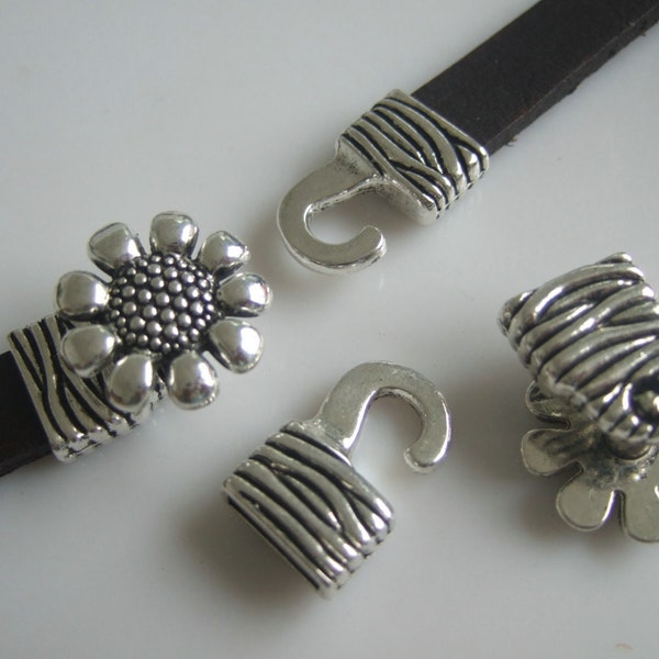 3 Sets Antique Silver Sunflower Hook / Focal Clasp  for use with 5mm-10mm Flat Leather Cord