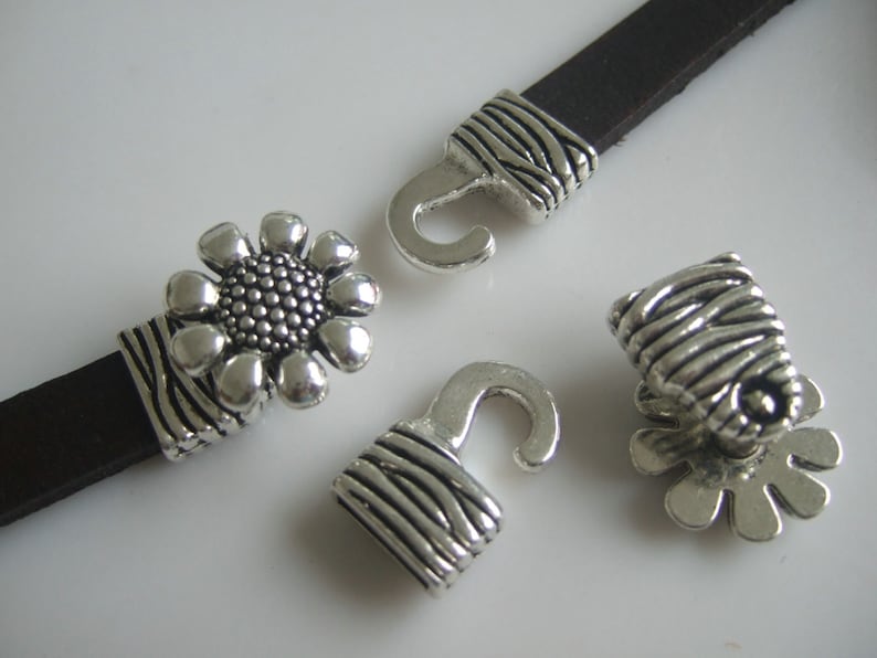 3 Sets Antique Silver Sunflower Hook / Focal Clasp for use with 5mm-10mm Flat Leather Cord image 1
