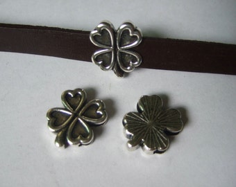 10 Pcs Antique Silver Four Leaf Clover Sliders for 10mm flat leather cord , 10x2mm flat leather bracelet findings