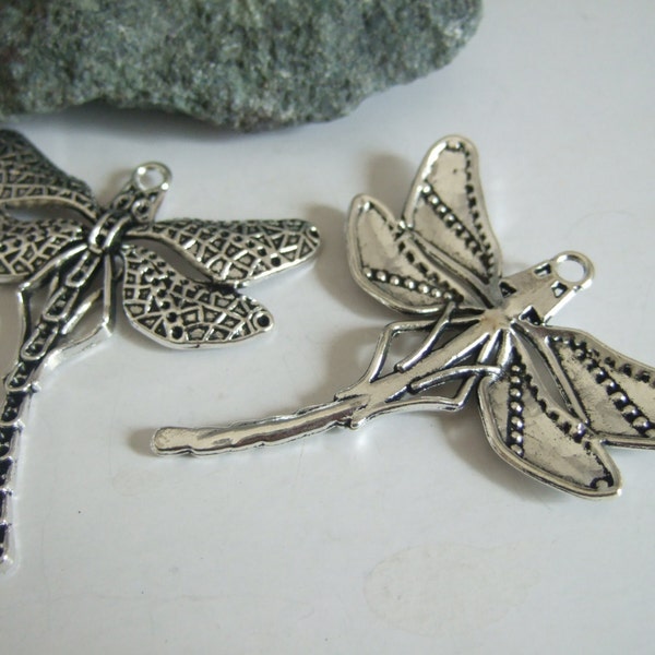 5 Dragonfly pendants 50 x 55mm antique silver tone