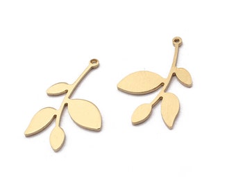 Brass Leaf Charms - Raw Brass Branch Leaf  Charm Pendant - Earring Findings - Jewelry Supplies 15x24mm