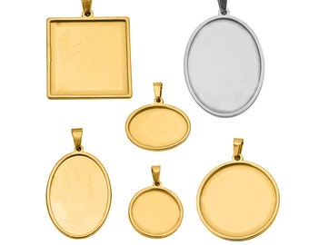May include: Six blank metal pendant trays for jewelry making. The trays are in different shapes and sizes, including square, round, and oval. Some are gold and some are silver.