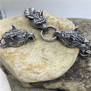 Stainless Steel Viking Wolf Head Spring Clasp Bracelet Connector for Curb Link Chains Necklace Men Bracelets Findings