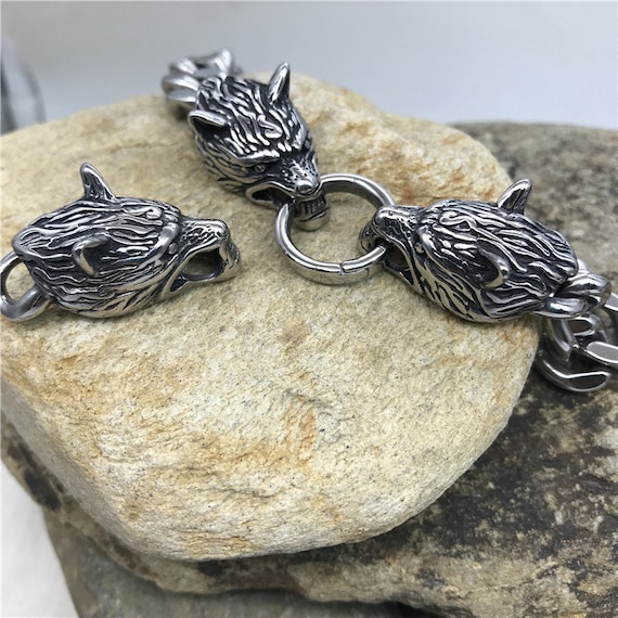 Stainless Steel Viking Wolf Head Spring Clasp Bracelet Connector