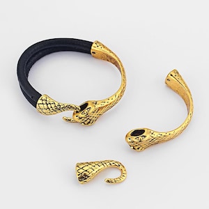 2 Sets Antique Gold Snake Head Tail Hook Clasp Cord Ends for 9x5mm Half Round Cord Bangle Bracelet Findings
