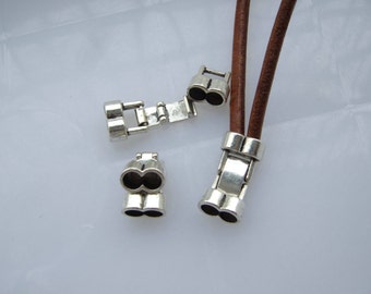 5 Antique Silver Double Strand Snap Clasps 4mm hole for round leather cord bracelet findings