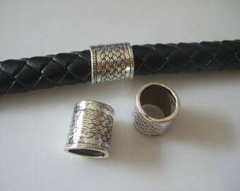 10pcs Antique Silver Large Tube Slider Spacers Dotted beaded linked chain Embossed For Up To 10mm Round Leather Cord