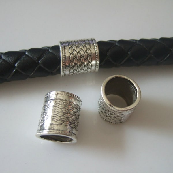 10pcs Antique Silver Large Tube Slider Spacers Dotted beaded linked chain Embossed For Up To 10mm Round Leather Cord