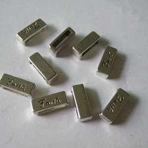 10 piezas de cuentas espaciadoras deslizantes planas de plata antigua de 10 mm, barra deslizante de fe tallada, orificio de 10 x 2 mm para cuero plano de 5 mm y 10 mm