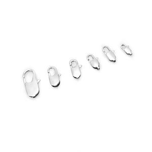 May include: A set of six silver-toned metal lobster claw clasps arranged in a row from largest to smallest. Each clasp features a smooth, polished finish with a spring-loaded mechanism and a small loop at the base for attachment to jewellery.