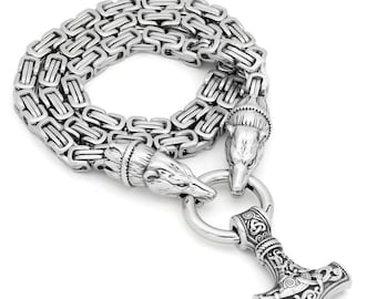Stainless Steel Viking Bear Head Mjolnir Norse Thor's Hammer Pendant Necklace Nordic Amulet Pagan Talisman  Men
