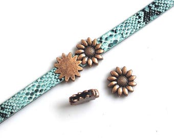10 Antique Copper Sunflower Sliders 10x2mm Flower Flat Leather Findings for 5mm - 10mm flat leather cord