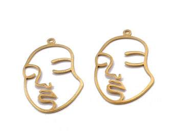10 Brass Face Charm,  Raw Brass Face Shape Charms Pendant, Earrings Findings  , Jewelry Supplies 28x46mm