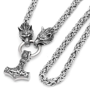Heren roestvrijstalen wolfskop Noorse Viking-amulet Thor Mjolnir-ketting