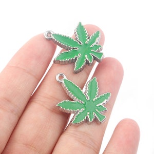 5 Alloy Enamel Green Marijuana Pot Weed Leaf Charm Pendant 28x24mm