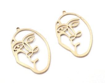 10 Brass Face Charms , Raw Brass Face Shaped Pendant , Earring Findings - Jewelry Supplies 22x40x1mm