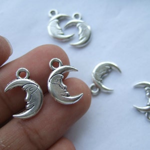 Bulk 20 Moon Charms double sided antique silver tone 16x11mm