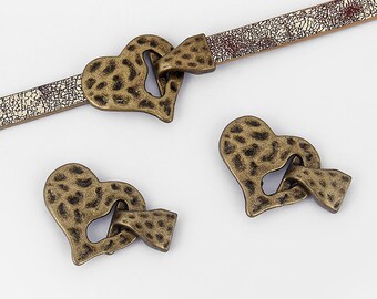 3 zestawy antycznych brązowych zapięć zaciskowych młotkowanych 10 x 2 mm Zapięcie haczykowe w kształcie serca do płaskiej skórzanej klamry 10 mm