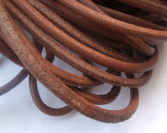 5mm Round Natural Genuine Leather Cord ,  Natural Brown Real Leather 5mm thick - 1 Meter