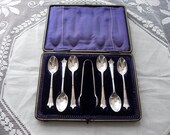 Antique Tea Spoons,Vintage Boxed Set of 6 Tea Spoons And Sugar Tongs c 1900.