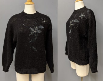 80's Black Floral Sweater/Size Medium/Women's Vintage Beaded Sweater