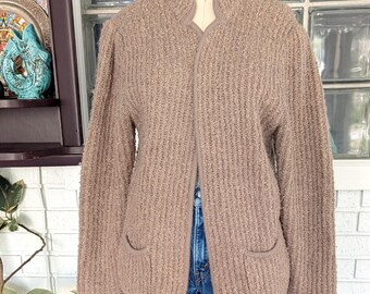 Vintage Taupe Textured Knit Cardigan Sweater/Size Small/Boucle Sweater/Open Front Cardigan