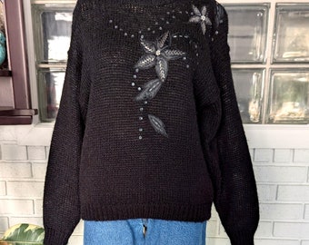 80er Schwarz Floral Perlen Applikation Pullover/Größe Medium/Damen Vintage Perlen Pullover