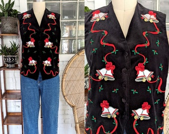 90's Vintage Christmas Themed Vest/Size Medium/Cotton Velvet Vest/Button Up/Holiday Vest