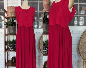 90's Red Bohemian Rayon Maxi Dress/Size Large/Sleeveless/Women's Vintage