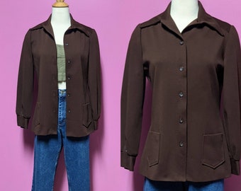 60's/70/s Vintage Brown Polyester Blouse/Button Front Top/Long Sleeves