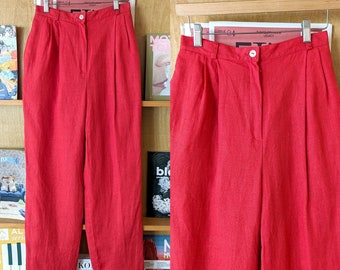 Harve Benard/90's Red Linen Trousers/26" Waist/Size 6/Pleated Waist/Tapered Leg