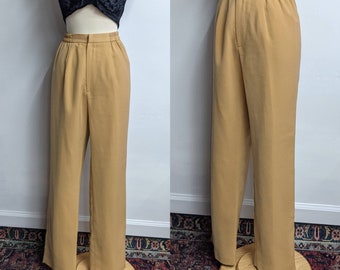 90's Vintage Tan High Waist Trousers/30" Waist/Straight Leg/Elastic Waist