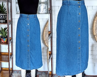 90's Vintage Denim Maxi Skirt/34" Waist/Russ/Button Up Skirt