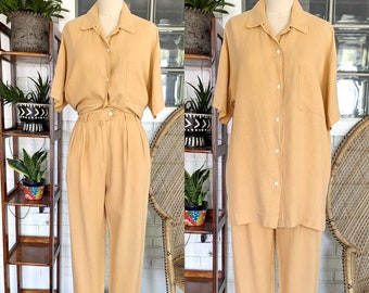 Calvin Klein/90's/Y2k Set top e pantaloni in lino color albicocca/Taglia media/Set 2 pezzi/Abbottonatura