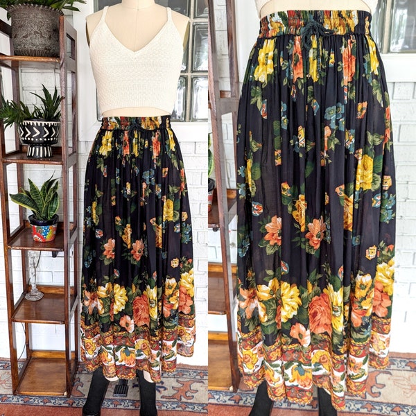Huntington Ridge/Vintage Bohemian Maxi Skirt/Size Large/Elastic Waist /Gypsy Skirt