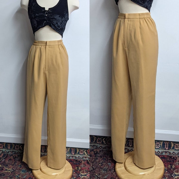 90's Vintage Tan High Waist Trousers/30" Waist/Straight Leg/Elastic Waist
