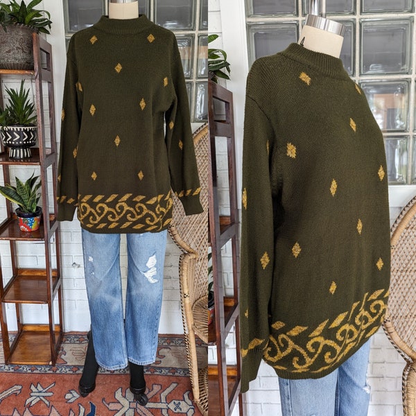 Pull vert et or des années 80/90/taille moyenne/mélange de laine/pull tunique/vintage femme