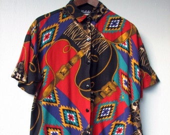 Last Chance SALE! SALE Vintage Women's Short Sleeve Top Blouse Western Aztec Print Caliche Blouse