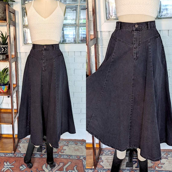 Vintage 80's Black Denim Maxi Skirt/27" Waist/Ful… - image 1