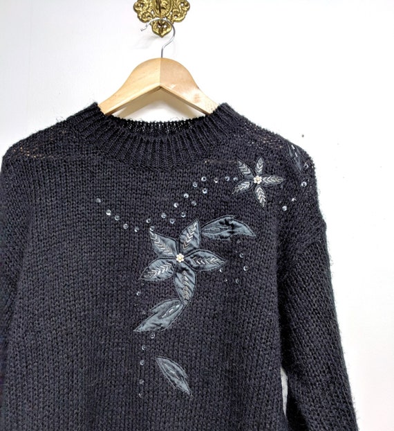 80's Black Floral Sweater/Size Medium/Women's Vin… - image 8