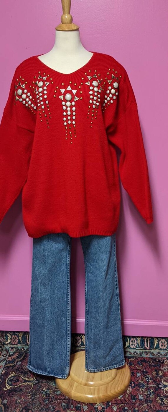 80's Red Studded Oversize Slouchy Sweater/Chunky … - image 2