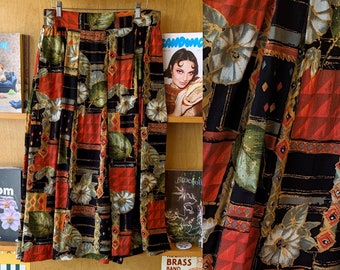 90's Vintage Mixed Print Midi Skirt/30" Waist/High Pleated Waist/Bright/Colorful/Women's Midi Skirt/Lightweight/Floral