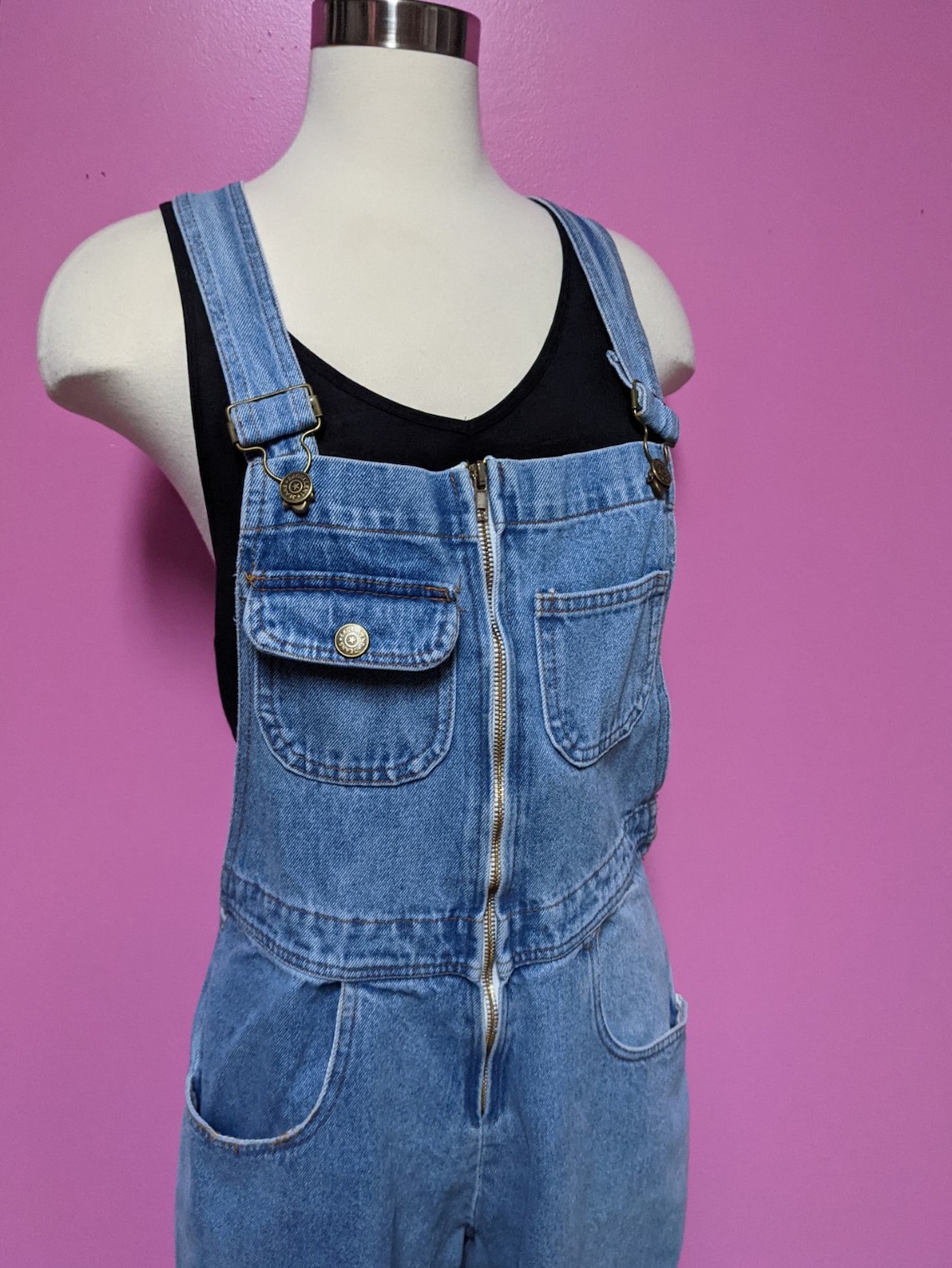 90's Zip Front Denim Overalls/Size Small/Tapered Leg | Etsy