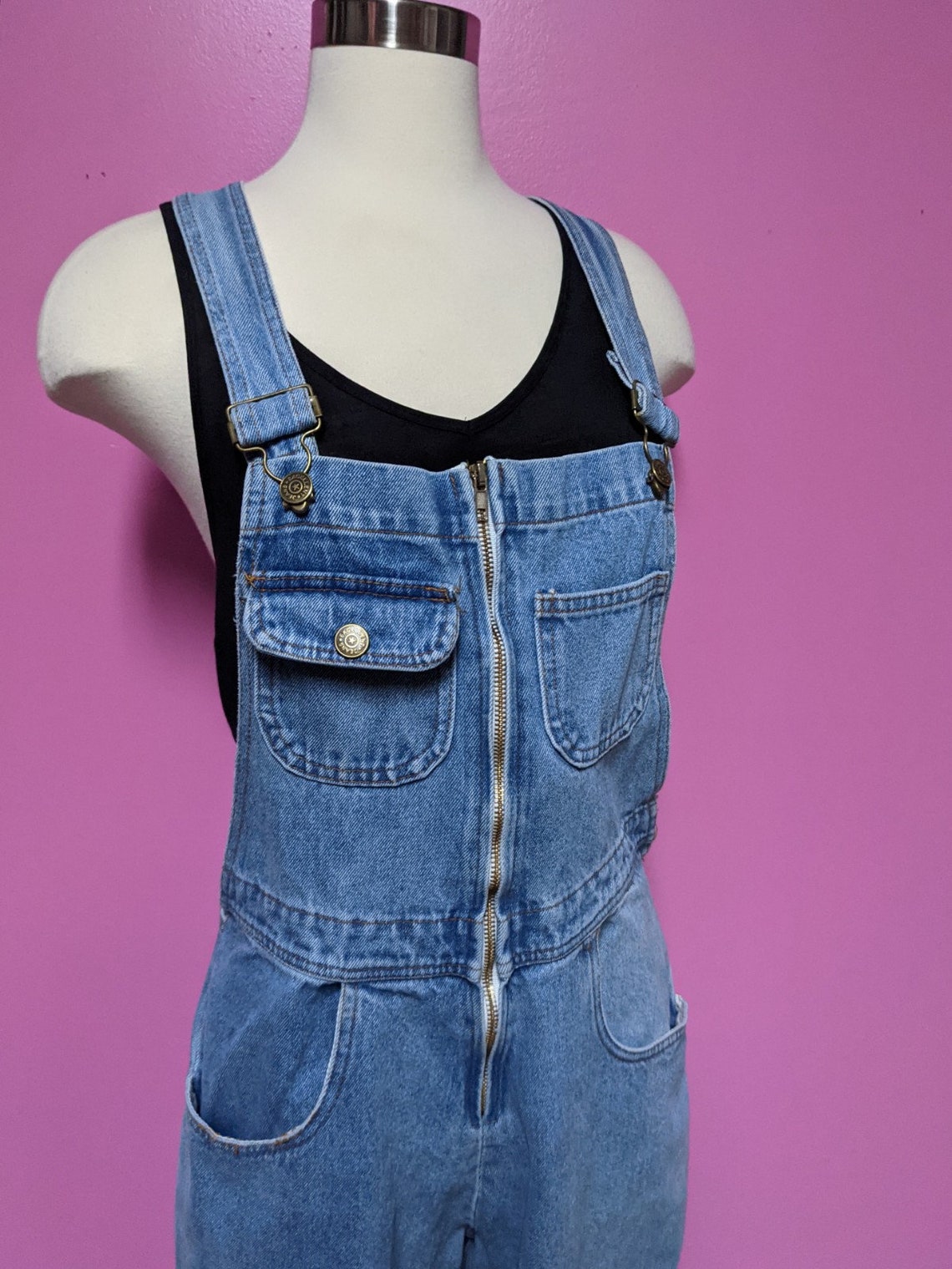 90's Zip Front Denim Overalls/Size Small/Tapered Leg Etsy