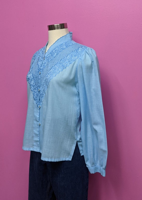 70's Light Blue Long Sleeve Prairie Blouse/Size M… - image 3