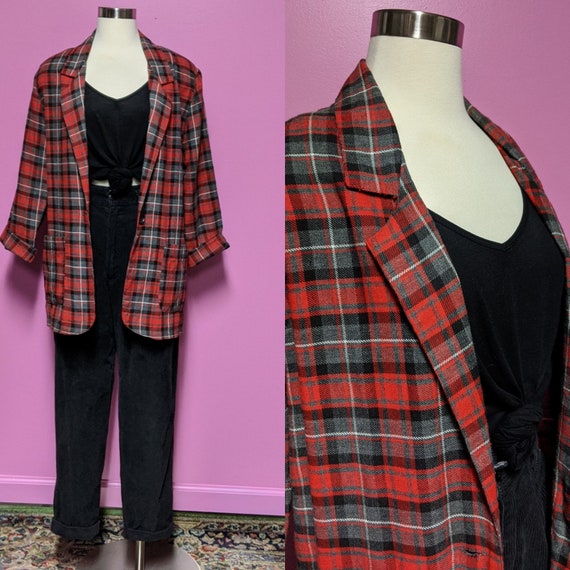 80's Lightweight Red Plaid Blazer Jacket/Size Medi